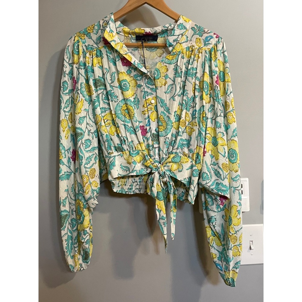 Rachel Rachel Roy Blouse Womens Large Yellow Floral Tie Front Crop Boho Top NEW